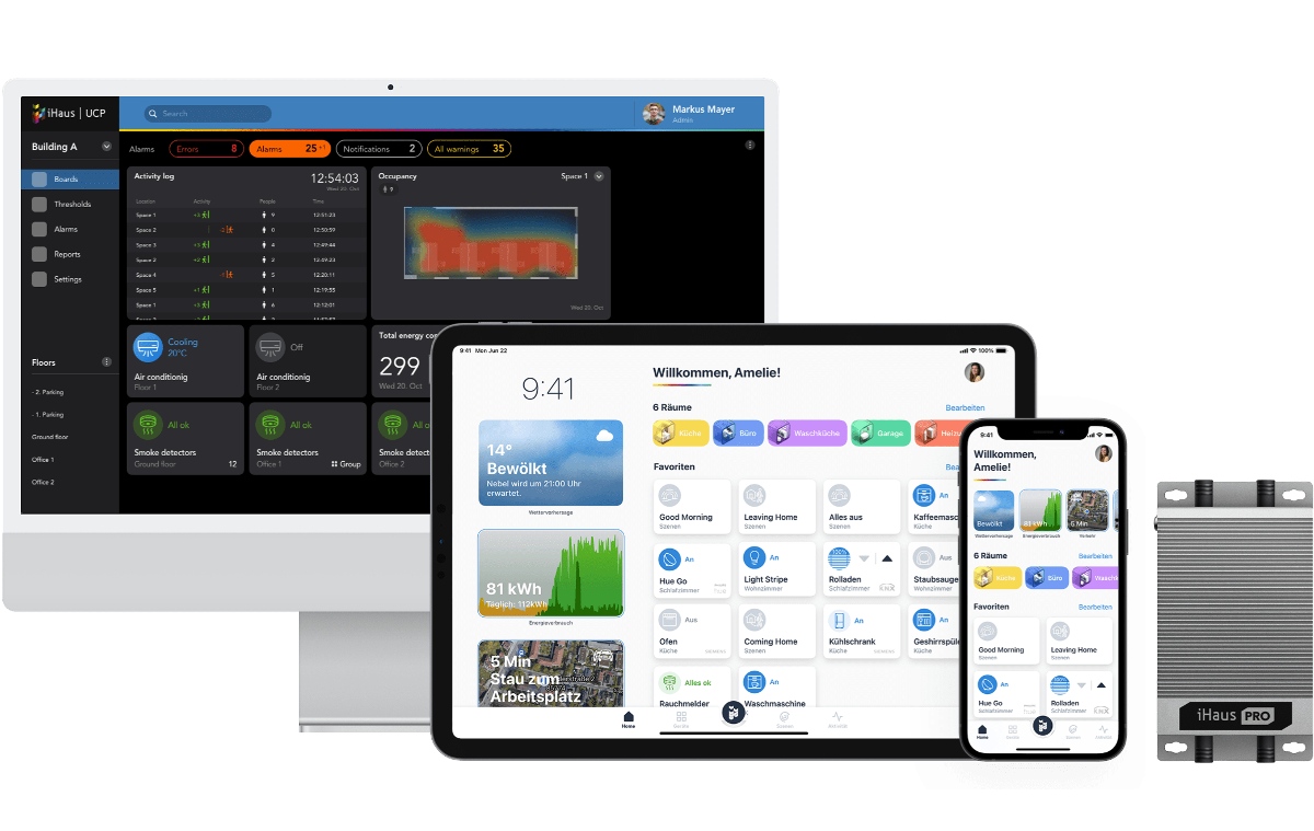 iHaus Plattform für Smart Home und Building Dashboard, Server sowie App auf Tablet und Smartphone.